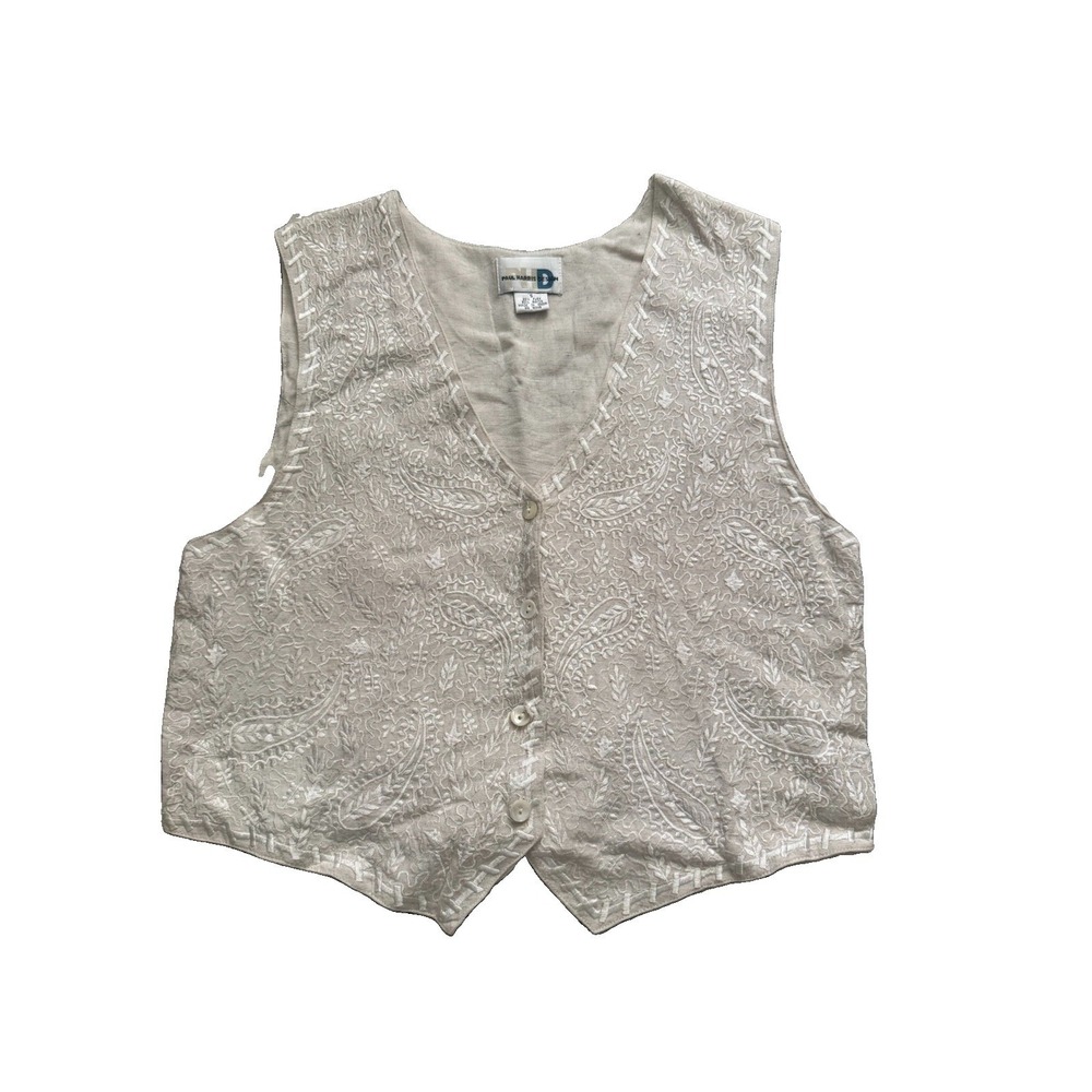 Vintage Beige Embroidered Lace Floral V- Neck Linen Vest Small Paul Harris‎